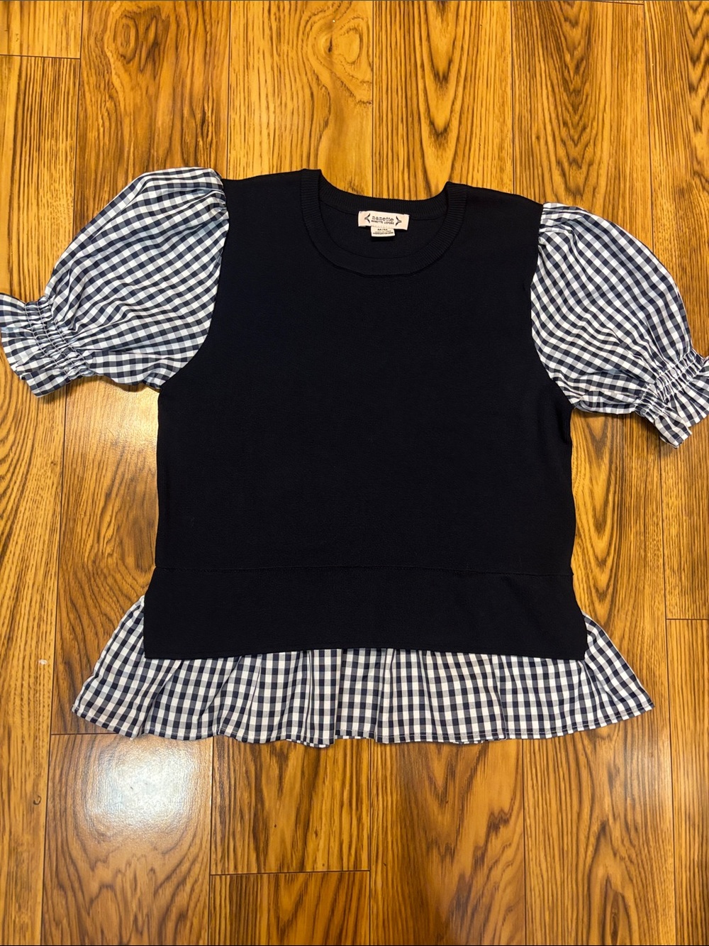 Nanette Lepore Navy Knit Top with Blue-and-White Gingham Puff Sleeves M
